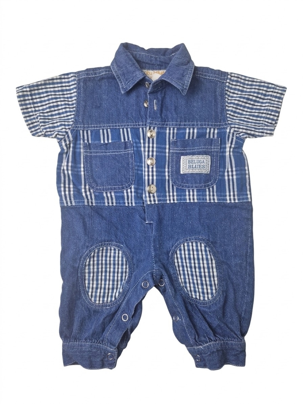 VTG 90s Baby Beluga Denim Gingham Plaid Romper One Piece 6-9M